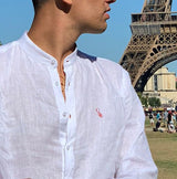 Camicia in lino, collo alla coreana, bianca