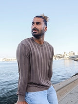 Maglione Uomo Girocollo, Grigio Marrone, lavorazione alternata