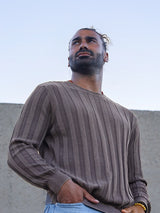 Maglione Uomo Girocollo, Grigio Marrone, lavorazione alternata