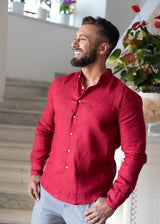 Camicia in lino, collo alla coreana, rossa