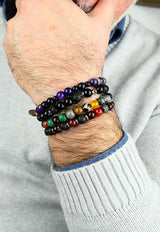 Bracciale da uomo con ciondolo a sfera diamantata e perle in pietra naturali