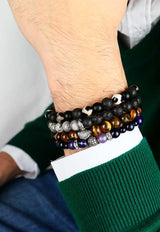 Bracciale da uomo Elastico con testa di leone e perle in pietra naturale