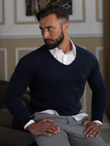 Maglione cotone con scollo a V, blu