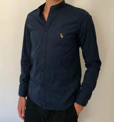 Camicia slim collo alla coreana, blu