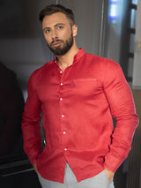 Camicia in lino, collo alla coreana, rossa