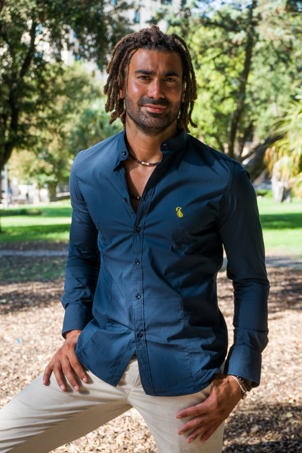 Camicia slim collo alla coreana, blu