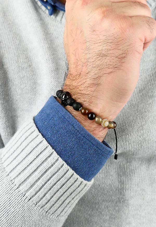 Elegante Bracciale da uomo con perle in pietra naturali marroni