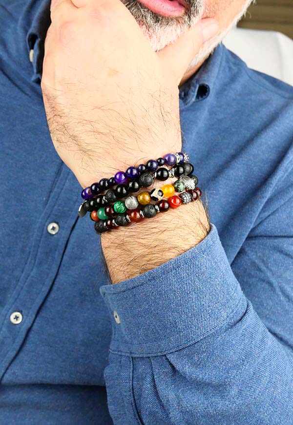 Elegante Bracciale Elastico da uomo composto da pietra naturale rossa e nera