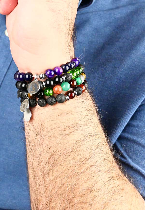 Bracciale  Elastico da uomo con ciondolo e perle in pietra naturale