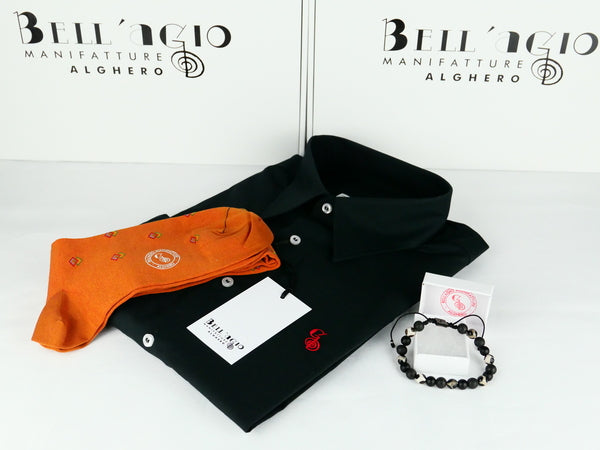 Set-regaloCamicia-nera-senza-bottoni-calzearancioni-bracciale-in-perle-di-pietra